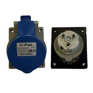 16amp 230v IP44 2P+E Panel Mounted Angled Socket